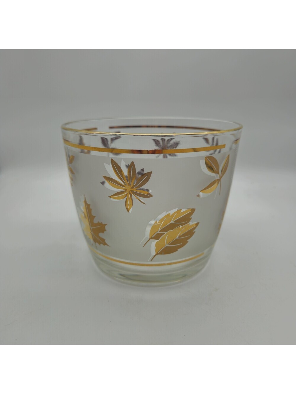 VTG Libbey Golden Foliage/Starlyte 22K Gold Leaf Frosted Glass Ice Bucket